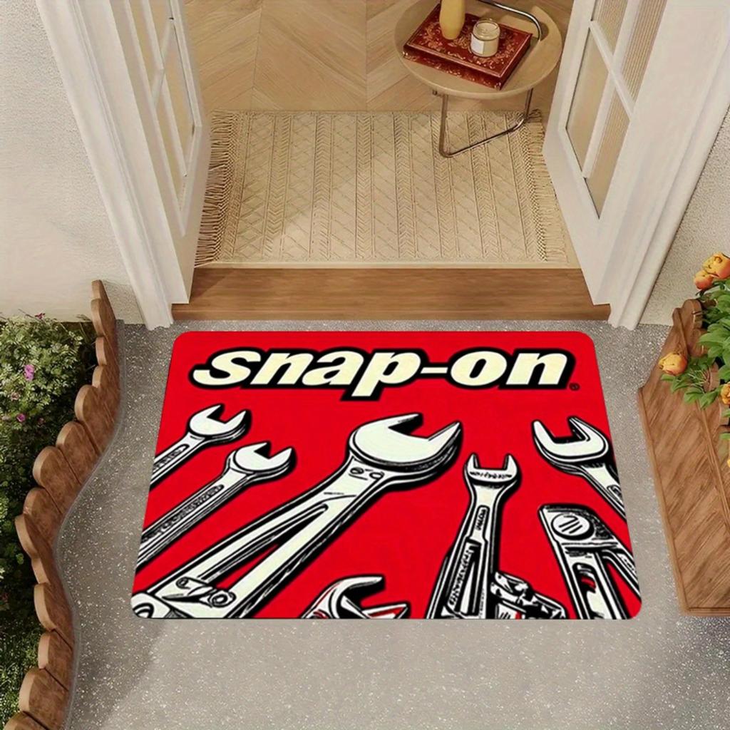 1pc Snap-On Logo Tool Illustration Flannel Mat, Durable & Machine Washable, Red & Black Tools Design for Home