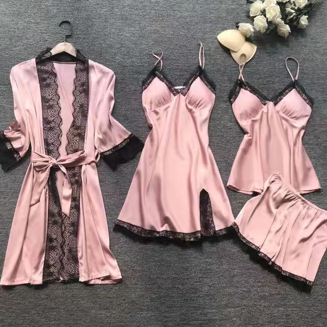 Women Cami Shorts Nightgowns Pyamas Set of Satin Fabric Breathable Pajamas Set with Robes 5 PCS Pajamas Set Sleepwear Lounge Wear Nightgowns