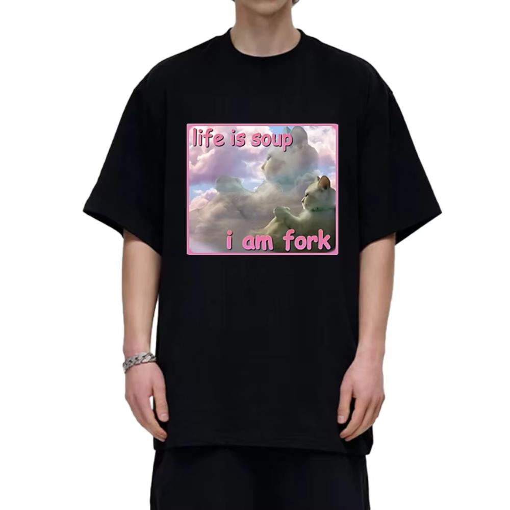 2025 Новинка в Life Is Soup I Am Fork Футболка Унисекс Смешная Графика Кота Короткий Рукав Футболки Мужские Женские Мода Оверсайз Ткань...