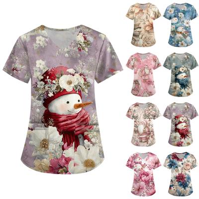 Женская рабочая униформа с принтом, V-образный вырез, карманы, базовый короткий рукав, пуловер, топ