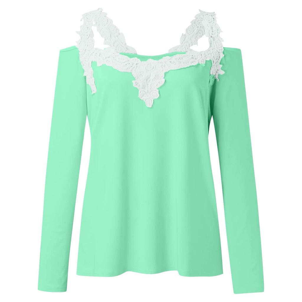 Модный кружевной пуловер с v-образным вырезом и длинным рукавом, однотонная повседневная футболка