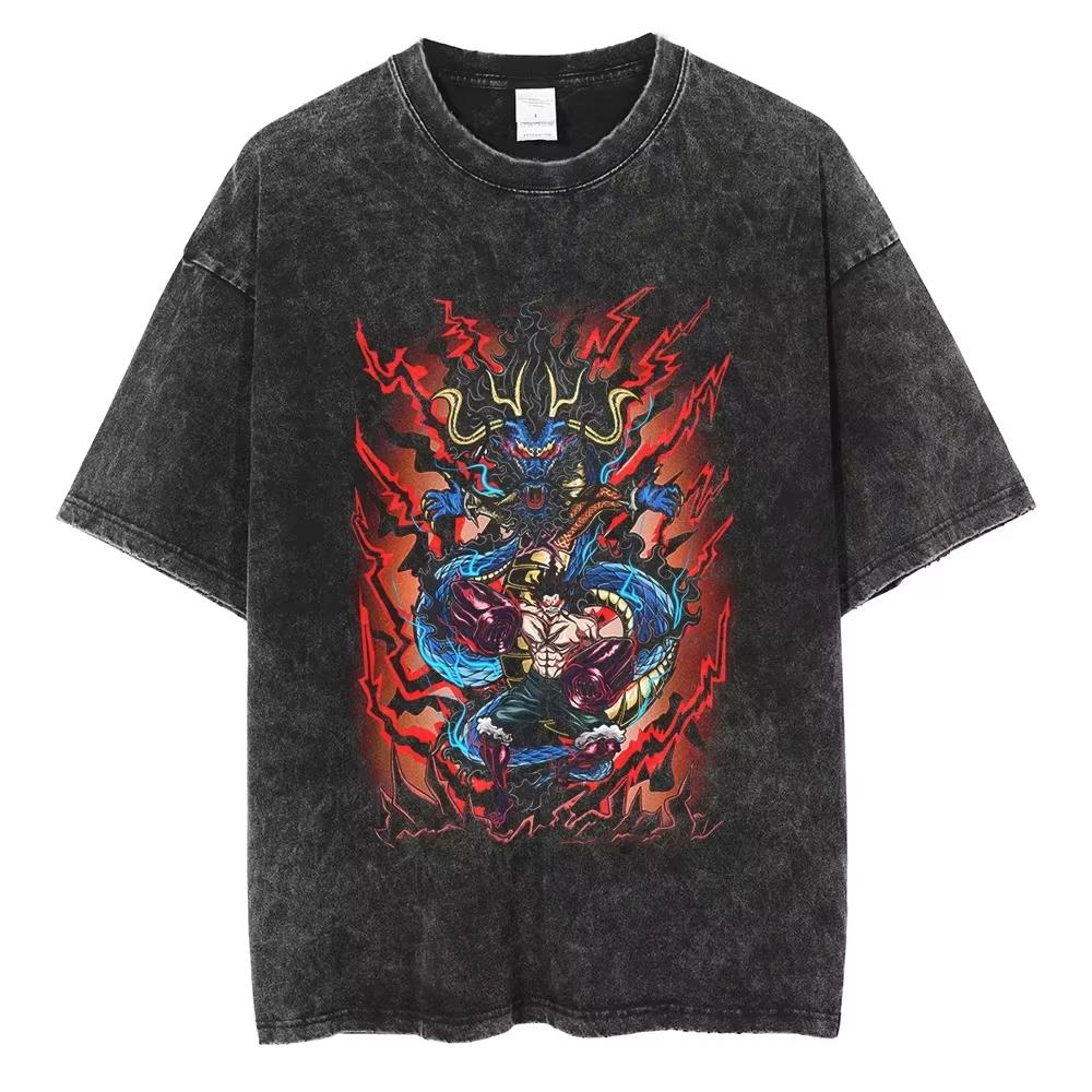 Nika Luffy Gear ONE PIECE Anime Harajuku Retro Washed Tshirt Cotton Men Streetwear Women Short Sleeves Unisex Top