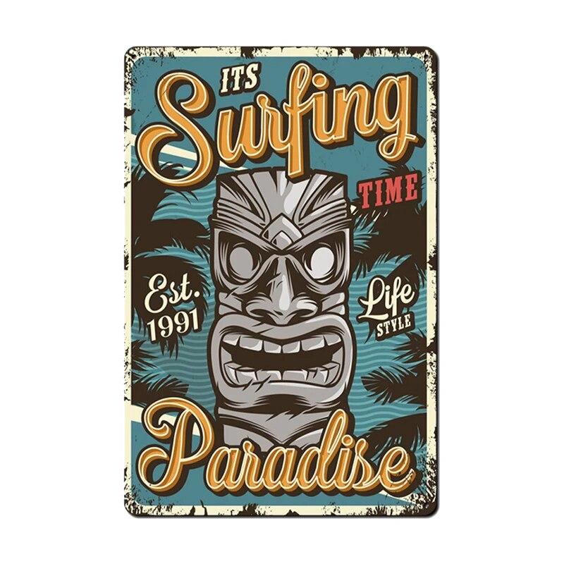 Алоха Тики Бар Плакат Оловянная Вывеска Винтаж Пляжная Вечеринка Бар Паб Настенный Декор Металлическая Пластина Ретро Гавайи Серфинг Таблички