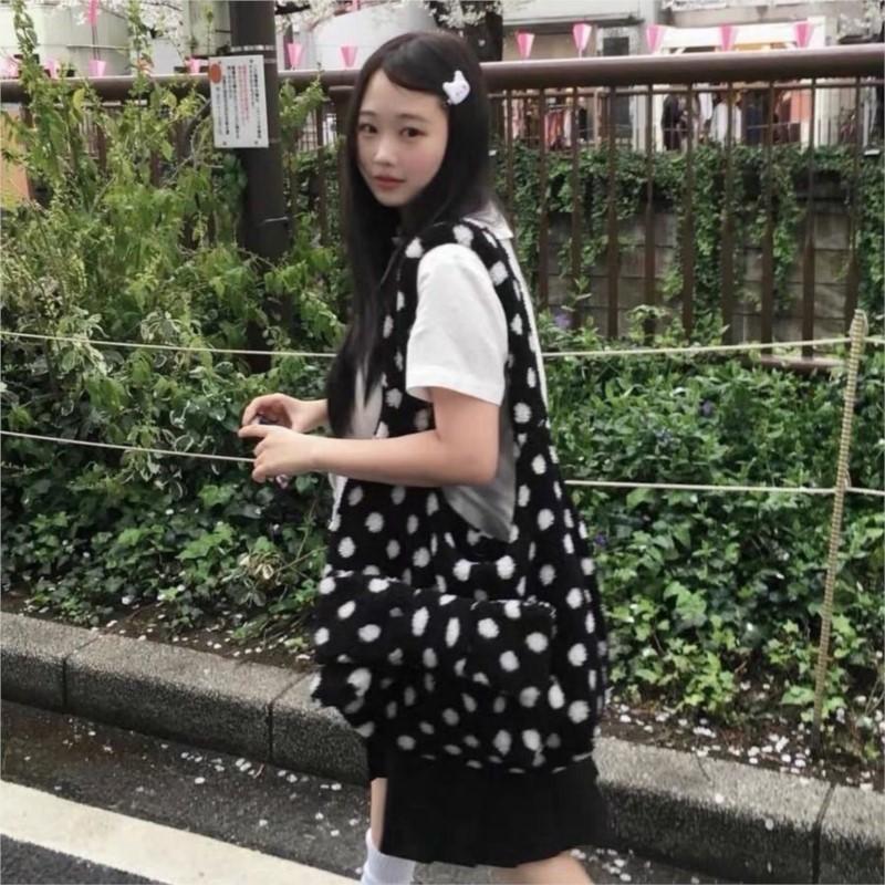 Japanese Sweet Cute Bow Tote Bag Women Plush Polka Dot Large Capacity Shoulder Bags Ladies Harajuku Versatile Daily Underarm Bag
