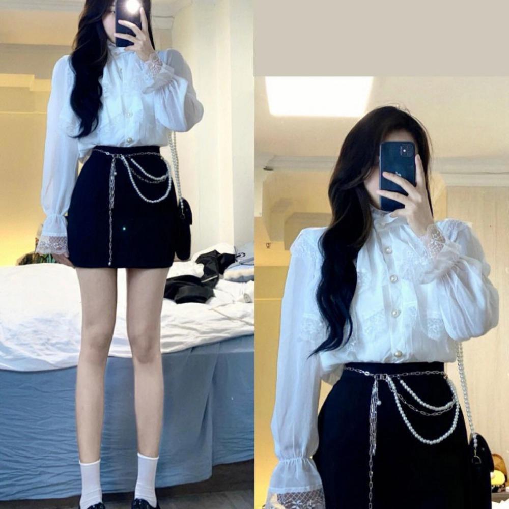 Elegant Lace Women Blouse Fashion Fashion Korean White Chiffon Office Ladies Shirts Stand Neck Ruffles Spring Female Tops New