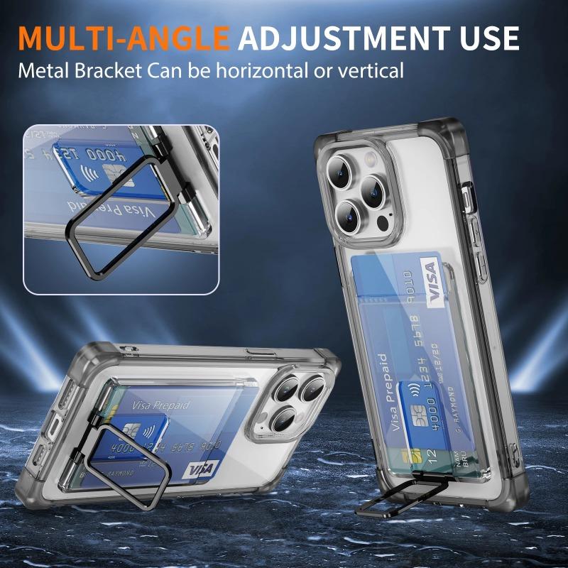 Shockproof Acrylic Card Slot Holder Clear Phone Case for iPhone 15 14 13 12 11 Pro Max 15Plus 14Plus Metal Kicstand Bumper Cover