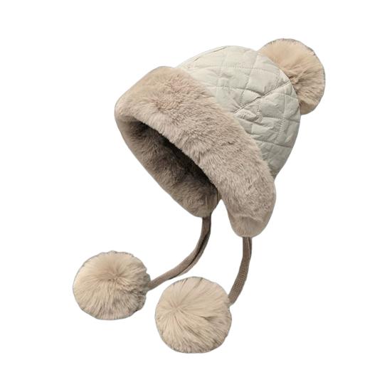 Женская стеганая шапка Зимняя теплая шапка с милым помпоном Защита ушей Пушистая шапка со шнурком для осени и зимы для улицы и повседневной носки
