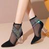 Fashion Summer Fashion Boots Women 2024 New Glitter Rhinestone Ladies Pointed Toe Chunky Heel Shoes Dress Party Female Mesh Sandals