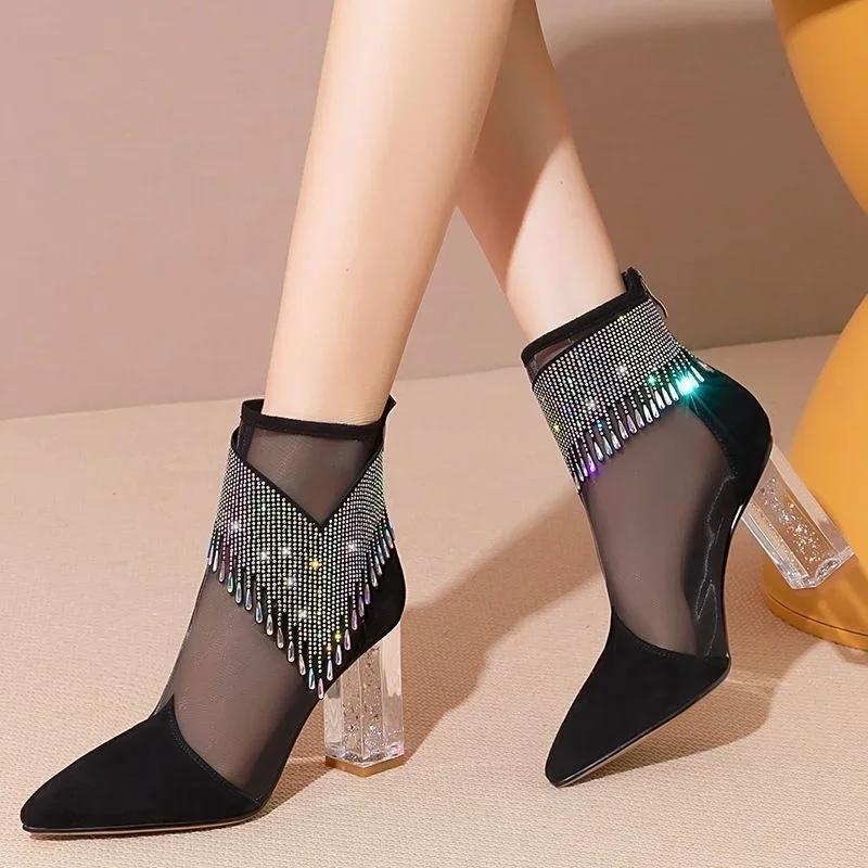 Fashion Summer Fashion Boots Women 2024 New Glitter Rhinestone Ladies Pointed Toe Chunky Heel Shoes Dress Party Female Mesh Sandals
