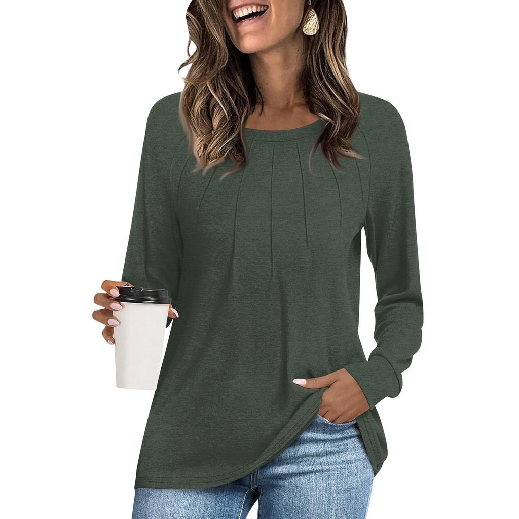 Женская модная повседневная плиссированная футболка с круглым вырезом и длинным рукавом, однотонная футболка, удобный топ