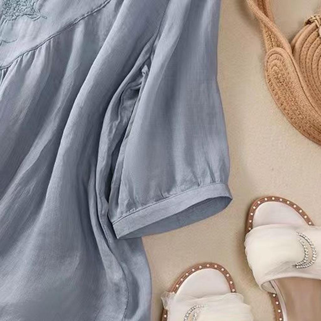 Женская модная футболка однотонная вышитая из хлопка и льна, топ больших размеров