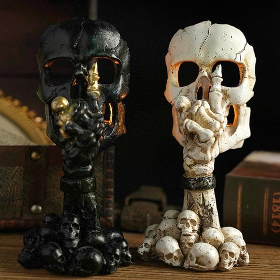 Подсвечник в виде черепа на Хэллоуин, готический, без слов, черно-белый, из смолы, со скелетом
