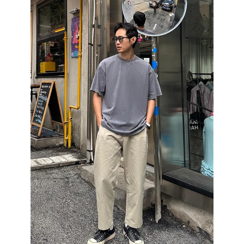 [CHANGE WELL] мужская одежда 2025SS в винтажном стиле, весенне-летняя одежда плотностью 8 унций [Стирка] Футболка с коротким рукавом, раскрой и пошив (СЕРЫЙ, Л)