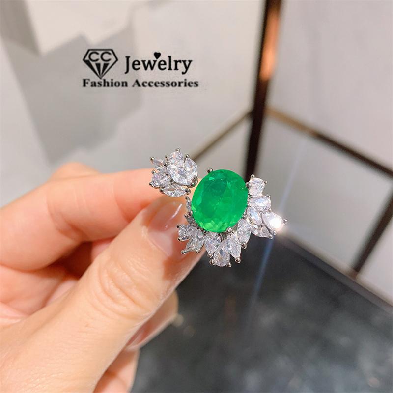 CC Vintage Ring Green Created Emerald Stone Luxury Accessories Open Rings for Women Party Wear Fine Jewelry Bijoux CC3018