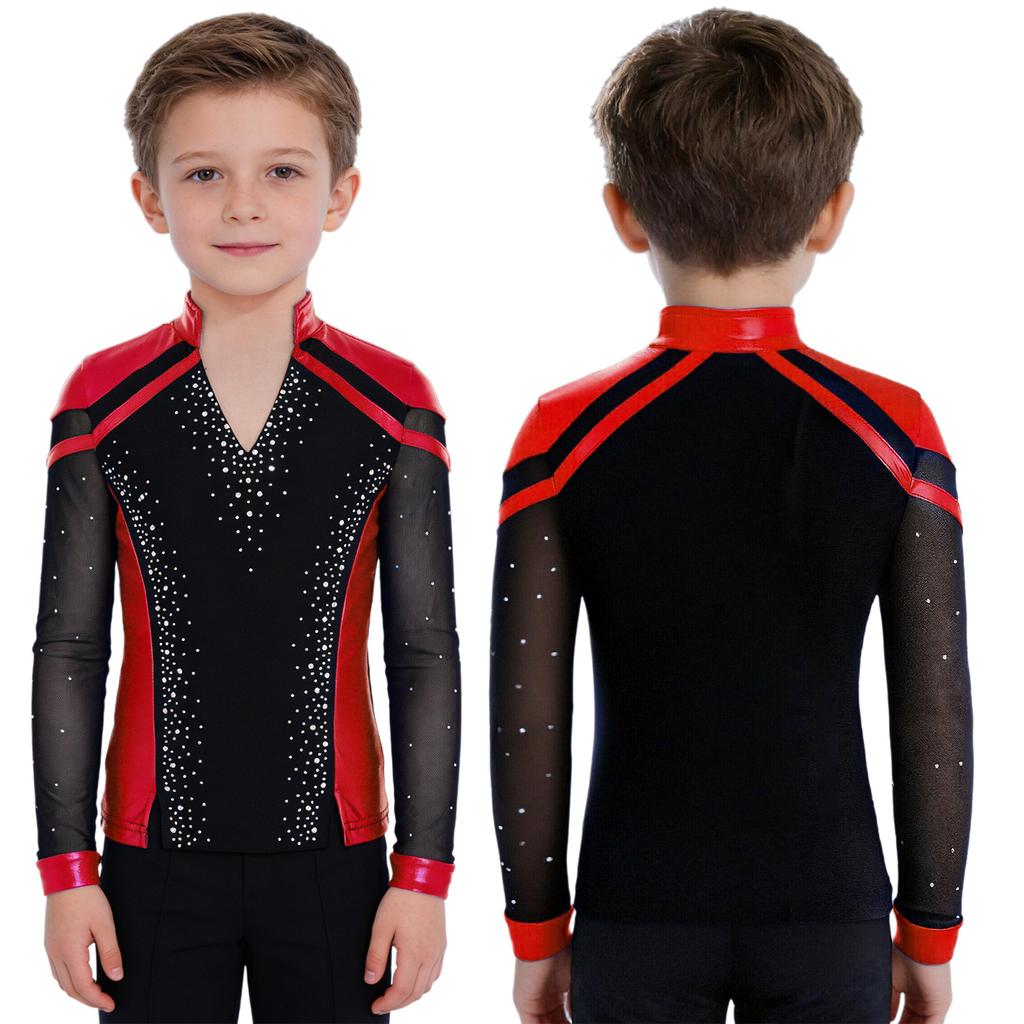 Boys Skating Performance Top: V-Neck Long Sleeve Rhinestone Color Block with Split Hem for Competition Costume