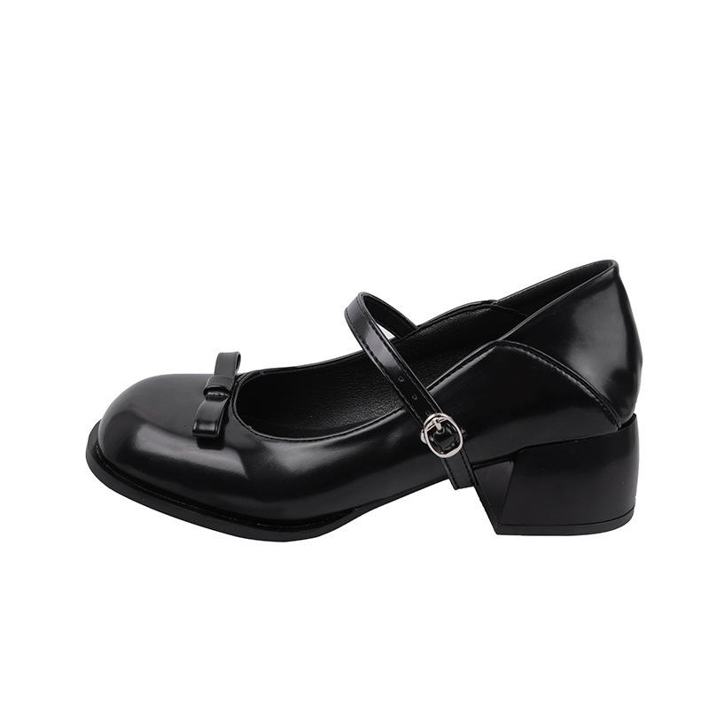 Новые женские туфли на высоком каблуке jk лето и осень толстый каблук легкий вырез весна 2025 бант Мэри Джейн маленькие кожаные туфли круглый носок