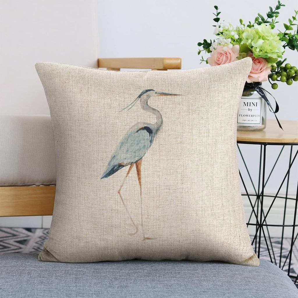 Linen Throw Pillow Covers Blue Egret on Coastal 18x18 Decorative Pillows for Bed Couch Cushion Sofa Outdoor