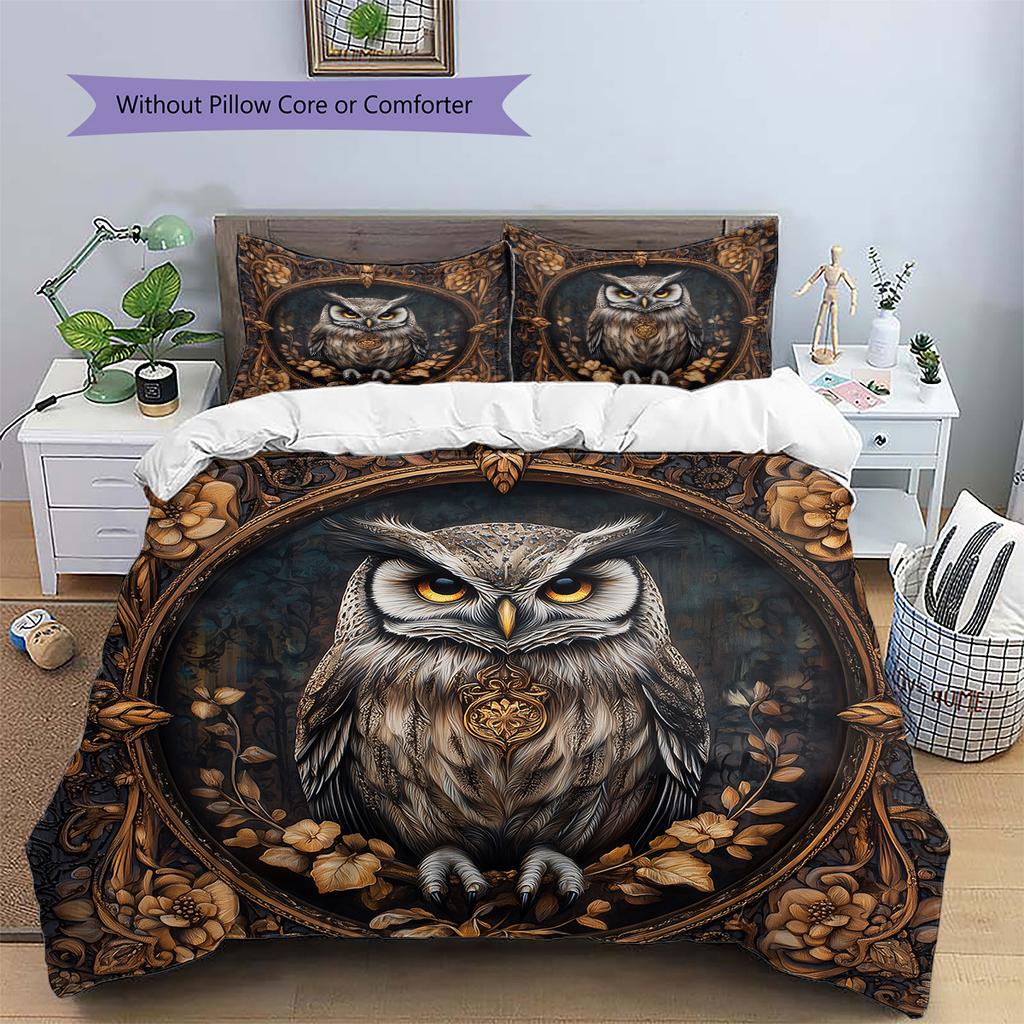 Retro Patterned Owl Pattern Bedding Quilt Set Quilt Cover Pillowcase Home Decoration Gift (1 * duvet cover + 2 * pillowcase, without core)