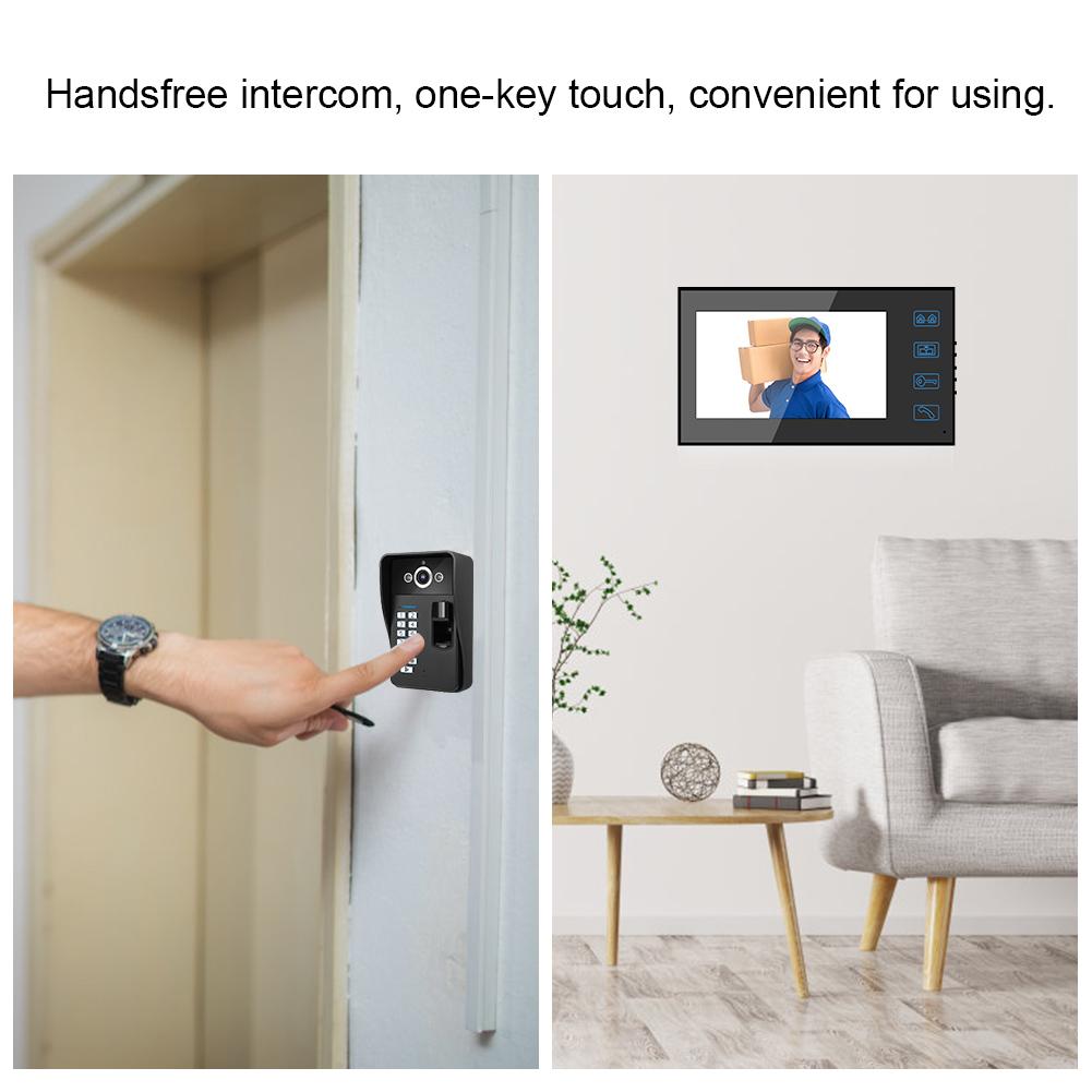 7in Fingerprint RFID Password Video Intercom 2 Monitor Wired Doorbell Access System100-