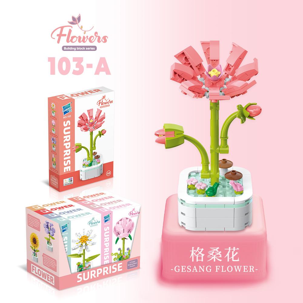 Kids Building Blocks Flower Pot Series Simulation Pink Rose Peony Bonsai Plant Educational Toy Bricks