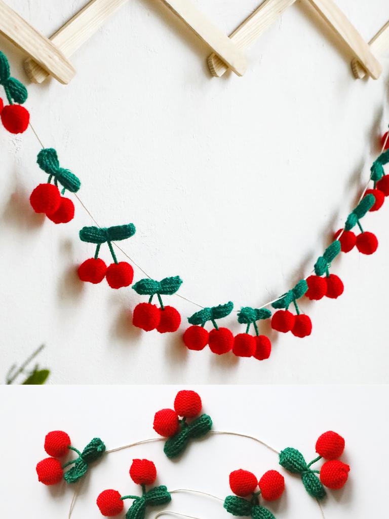 Handmade Crochet Cherry Garland,Cute Fruit Banner for Wall Decor,Nursery/Baby Shower/Wedding Party Decoration,Boho Hanging Decor