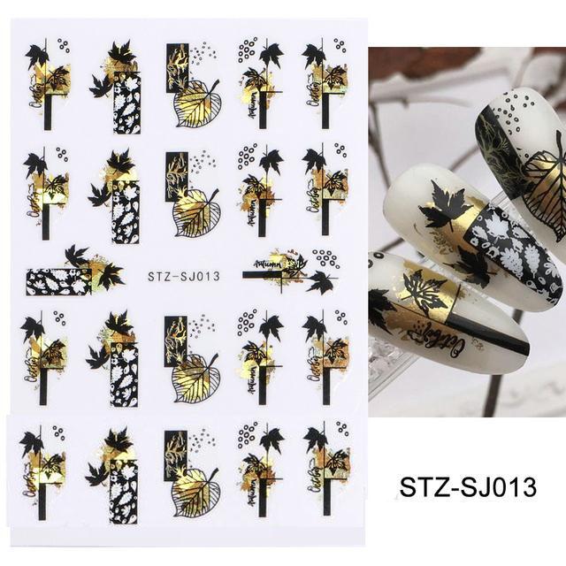 3D Fall Nail Stickers Gold Leaf Cotton Flowers Transfer Decals Nail Adhesive Sliders Manicure 2023 Autumn Decorations TRSTZ-SJ