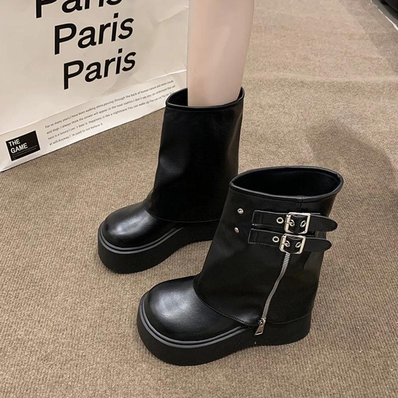 Winter Punk Style Women Knee High Boots Fashion Belt Buckle Long Boots Female Elegant Platform Heel Women'S Knight Botties