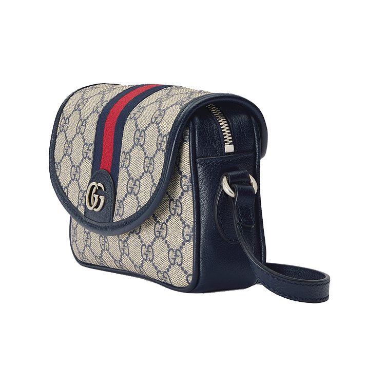 Gucci Ophidia GG Supreme Mini Crossbody Bag, Beige Canvas Navy Leather Trim,Women's Shoulder Handbag for Daily Shopping Travel 772239-FACUK-4047