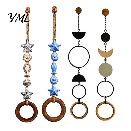 Decorative Wood Bead Towel Hanger Beaded Hanger, Bohemian Wall Mounted Ring Hand Pastoral Style Organizer Holder, Hemp Rope Storage Rack for Bathroom