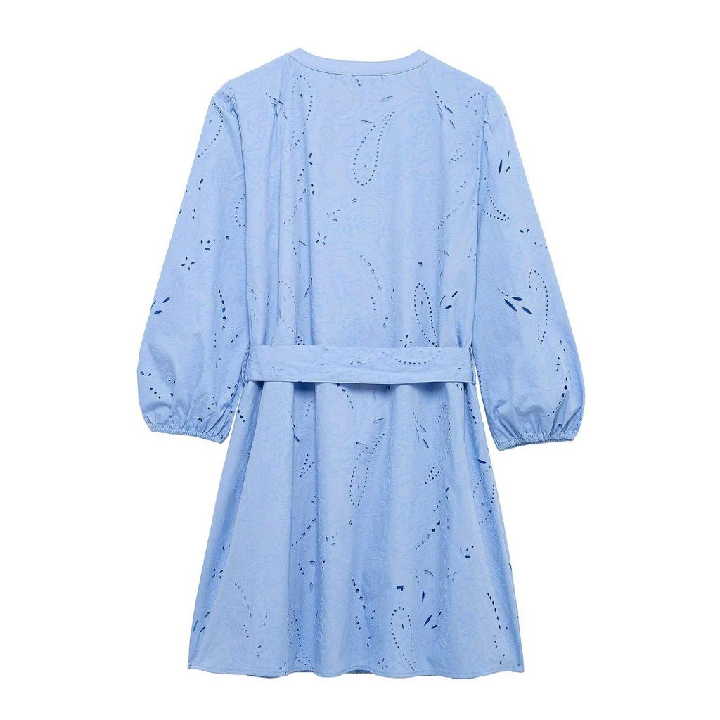 2025 Spring Women's V-Neck Single-Breasted Slim Fit Puff Sleeve Short Dress