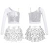 Kids Girls Dance Stage Performance Costume Sparkly Sequins Long Sleeve One Shoulder Top with Tiered Ruffle Skirted Shorts