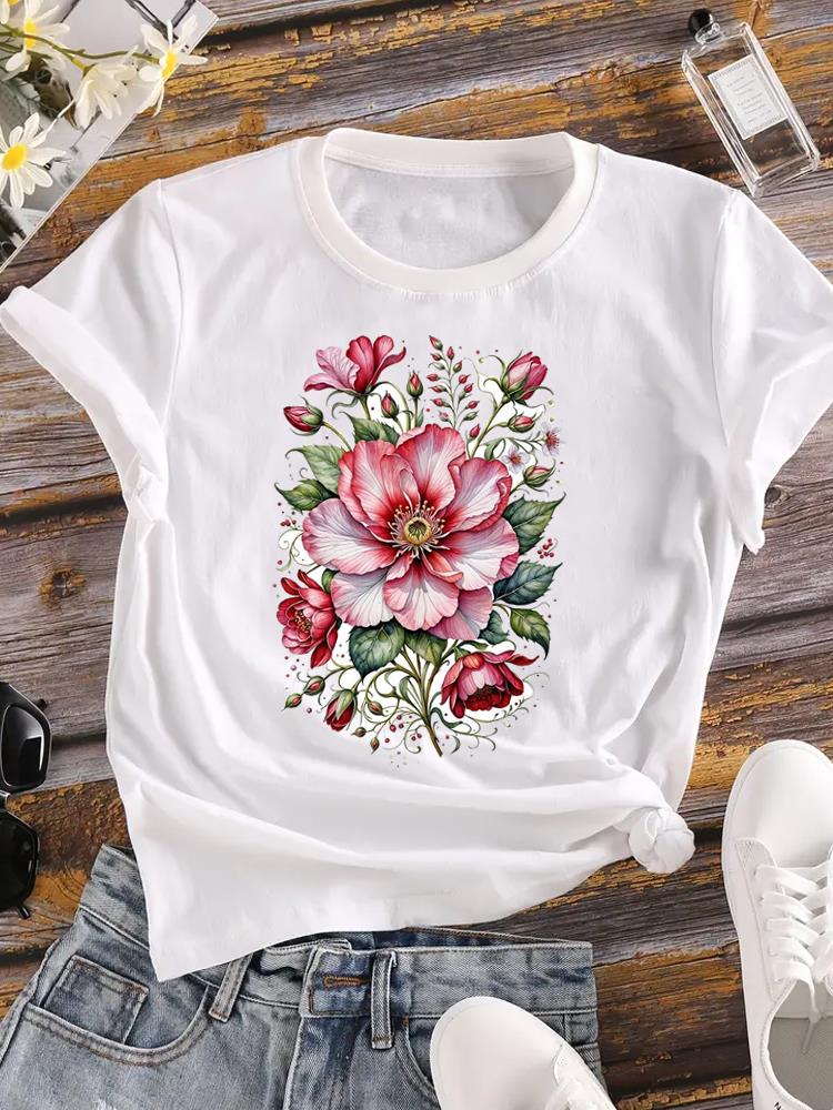 (Азиатский размер) Милая женская футболка с цветочным принтом, повседневная футболка с коротким рукавом и цветочным принтом, модные женские футболки с графическим принтом