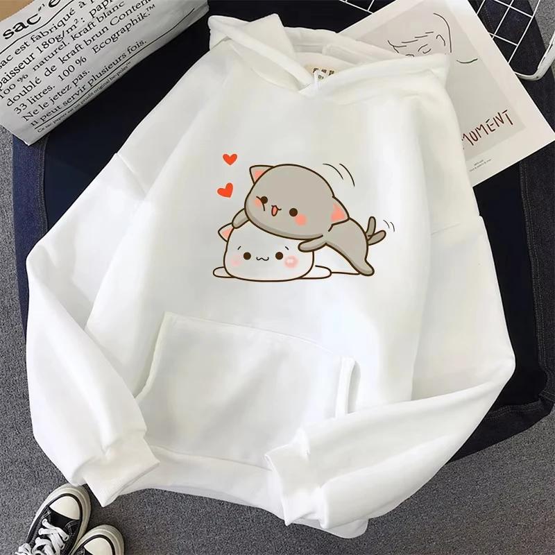 2025  Women's White Hoodies Kawaii Peach Cat Cartoon Print Femme Winter Hooded Sweatshirt Tops Casual Female Jumper
