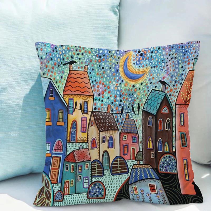 Ретро Сельские Цветные Города Подушки 40X40 Автомобиль Двусторонний Принт Декор Комнаты Диванная Наволочка Подушка Короткий Плюш Диван