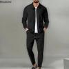 Men's Casual Waffle Two Piece Pants Sets Loose Lapel Zip-up Coats and Pants Sets for Mens Clothing Autumn Fashion Sets Male