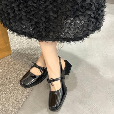 Весенние босоножки Баотоу Новые квадратный носок с мелким вырезом бант-бабочка ремешок с пряжкой А-формы противоскользящая износостойкая обувь на толстом каблуке