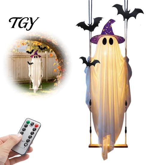 Hanging Ghost Decorations for Halloween Swing Ornament with LED String Lights Outdoor Decor, Adjustable Decorative Polyester Garden Light-Up Bat Decor
