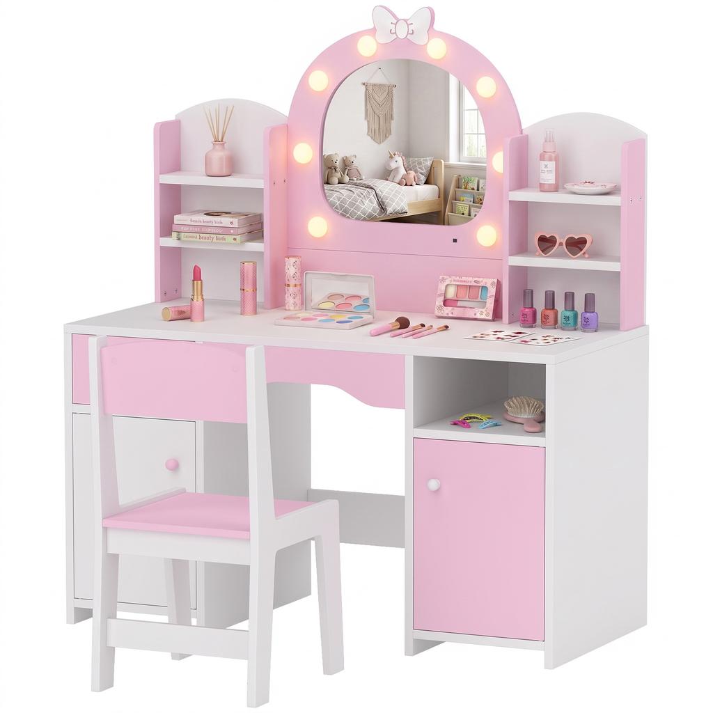 Kids Dressing Table, Kids Vanity Set with Stool, Pink