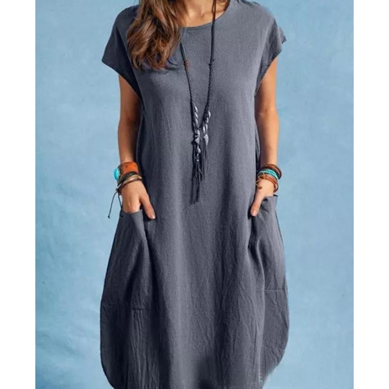 Spring/Summer 2022 European/American Loose Casual Solid Color Pocket Dress for Women In Cotton/Linen Fabric