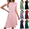 Women's Summer Round Neck Tie Solid Color Pleated  Dresses