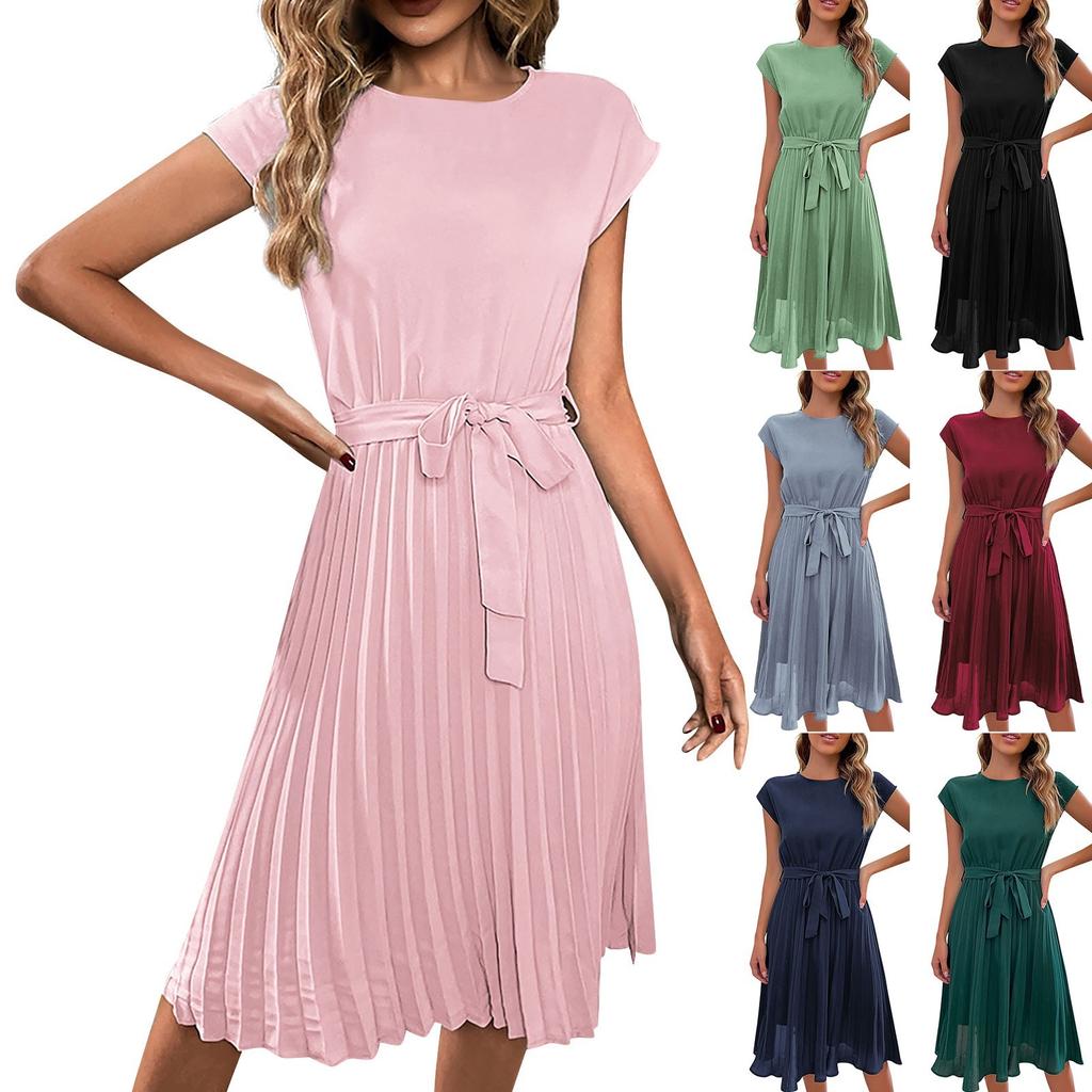 Женские летние однотонные плиссированные платья с круглым вырезом и галстуком