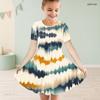 Girls Dark Blue Printed Round Neck Short Sleeve A Line Flared Dress