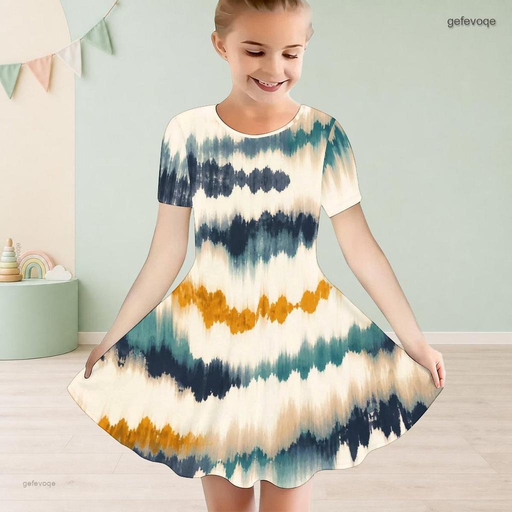 Girls Dark Blue Printed Round Neck Short Sleeve A Line Flared Dress