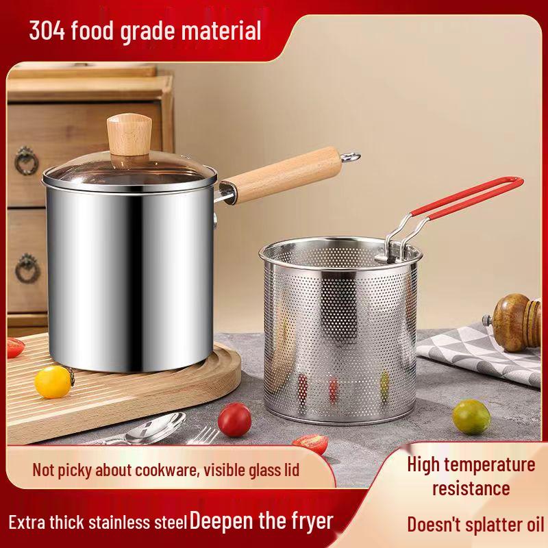 304 Stainless Steel Anti-Splash Deep Fryer with Filter Basket - Multifunctional Frying Pot for Snail Rice Noodles