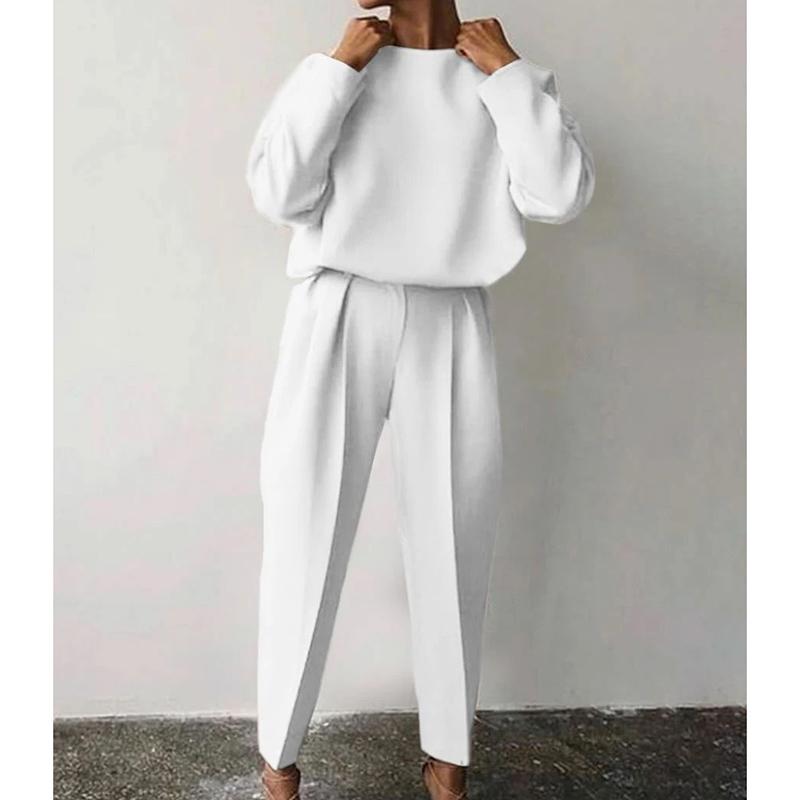 Женский элегантный однотонный комплект из 2 предметов, повседневный пуловер с круглым вырезом, топы, длинные брюки, костюм, женская мода, свободная одежда, уличная одежда