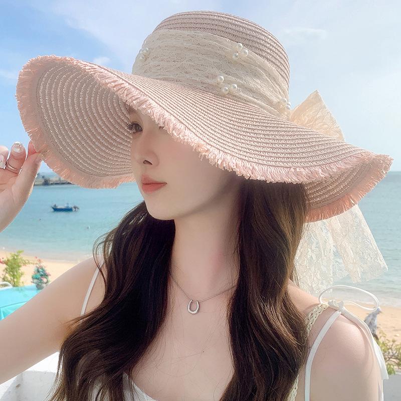 Женская летняя шляпа от солнца, соломенная шляпа с широкими полями и кружевным бантом, пляжная шляпа, элегантный топ с дискетами для путешествий, походов, рыбалки