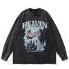 Футболка Streetwear Heaven Graphic Washed Black, хлопковая, унисекс, большие размеры, длинные рукава, футболка