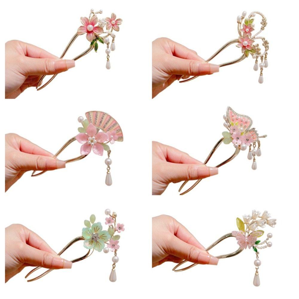 Tassel U Shaped Hair Stick Floral Hanfu Hair Stick Elegant Flowers Hair Stick  Ladies