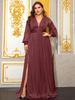 Plus Size Women's Deep V-Neck Lantern Sleeve Evening Gown with Slit - FMGN1043