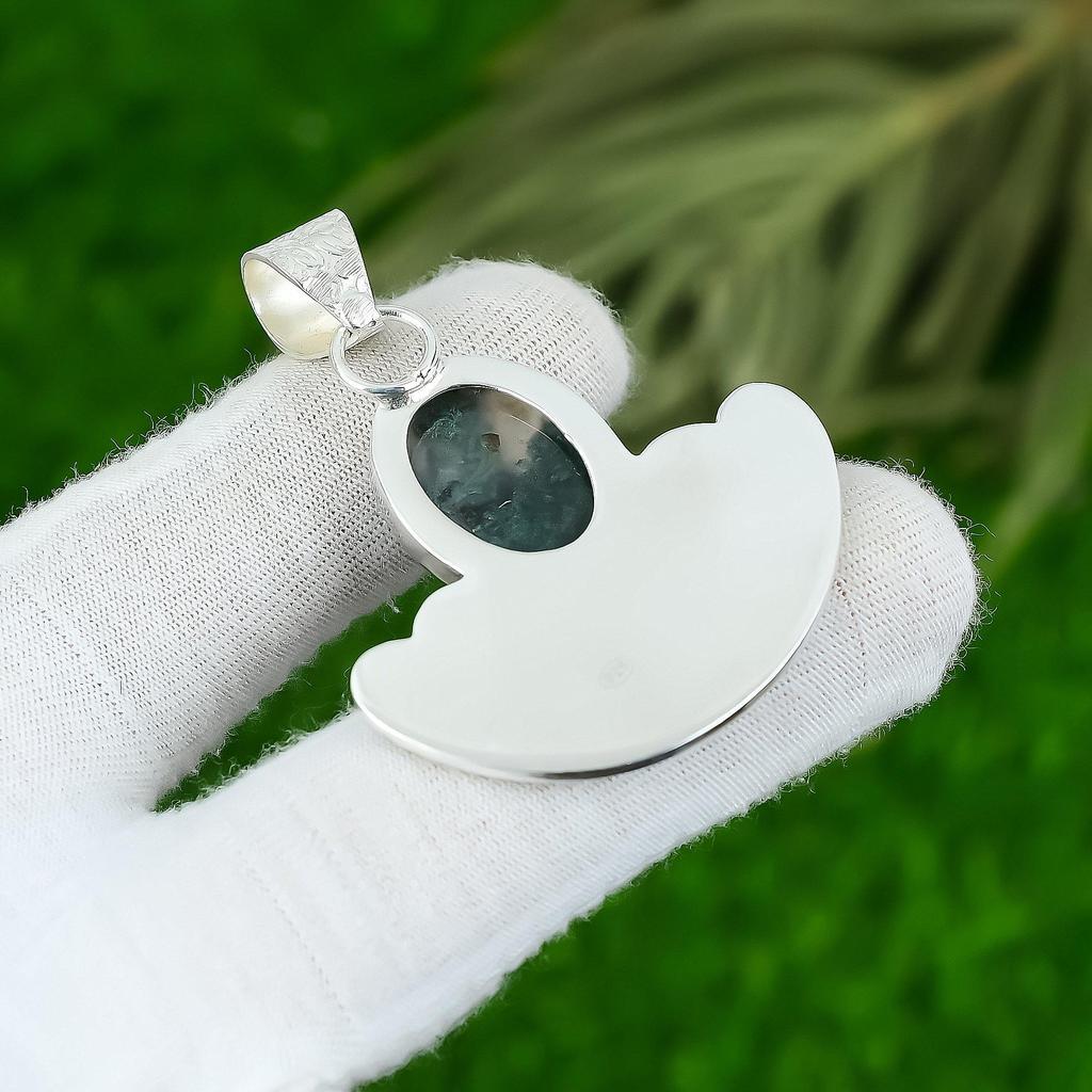 925 Sterling Silver Oval Natural Solar Moss Agate Art Deco Mother Trendy Pendant